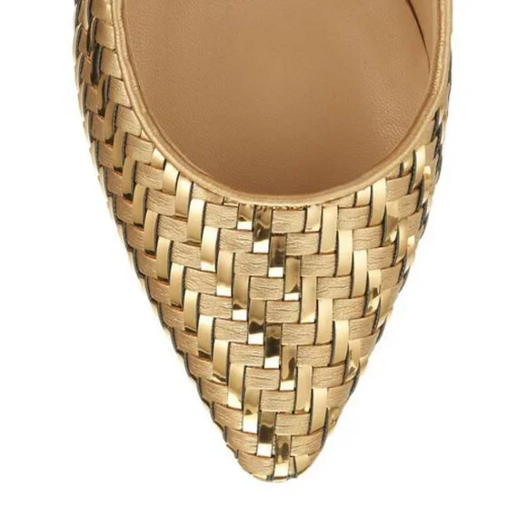 Jimmy Choo Romy 85 Gold Mix Woven Metallic Fabric Pointy Toe Pump Sz/ 8.5 - Picture 2 of 15